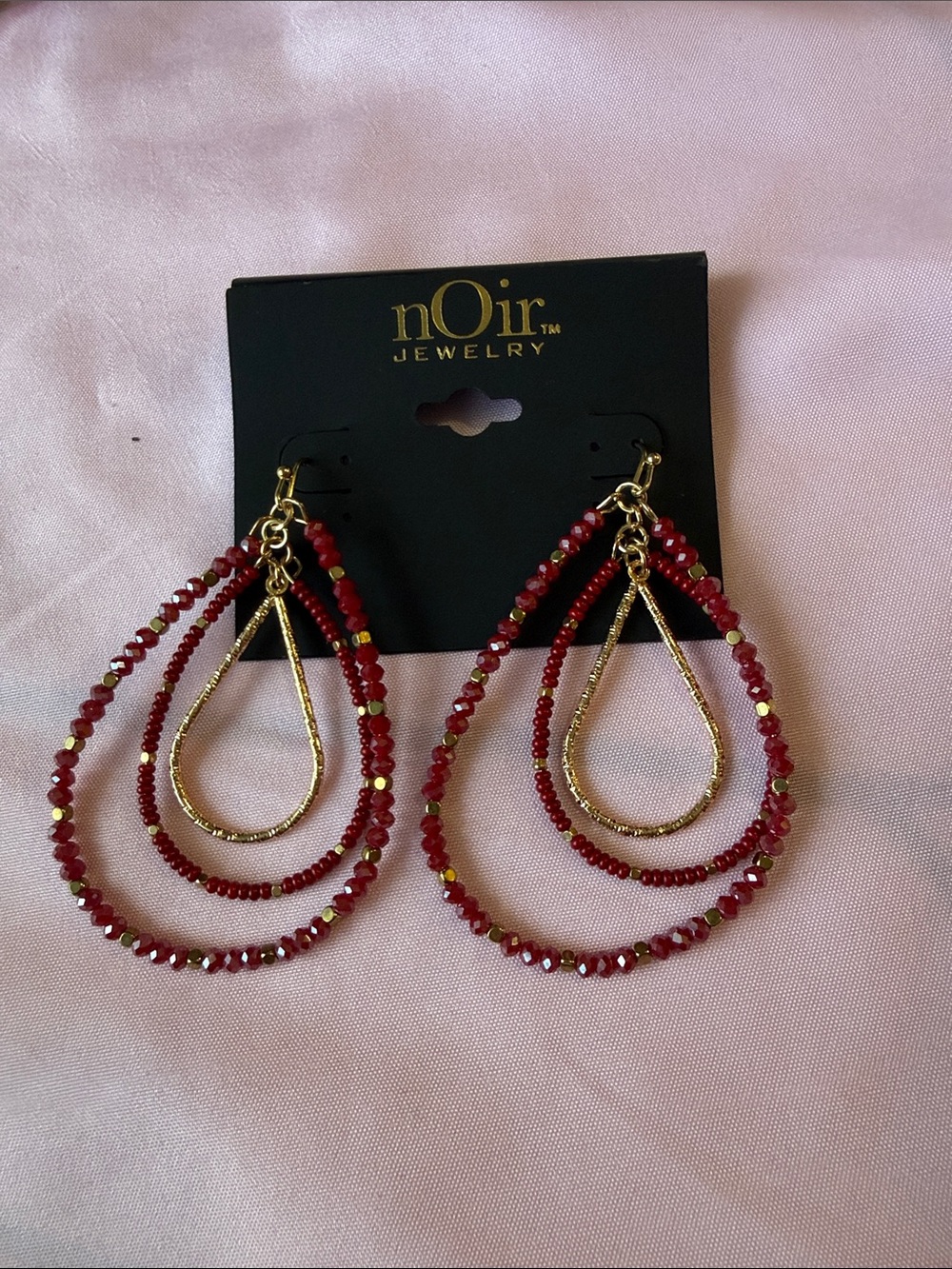 nOir Jewelry Gold and Red Triple Teardrop Beaded hoop Earrings
